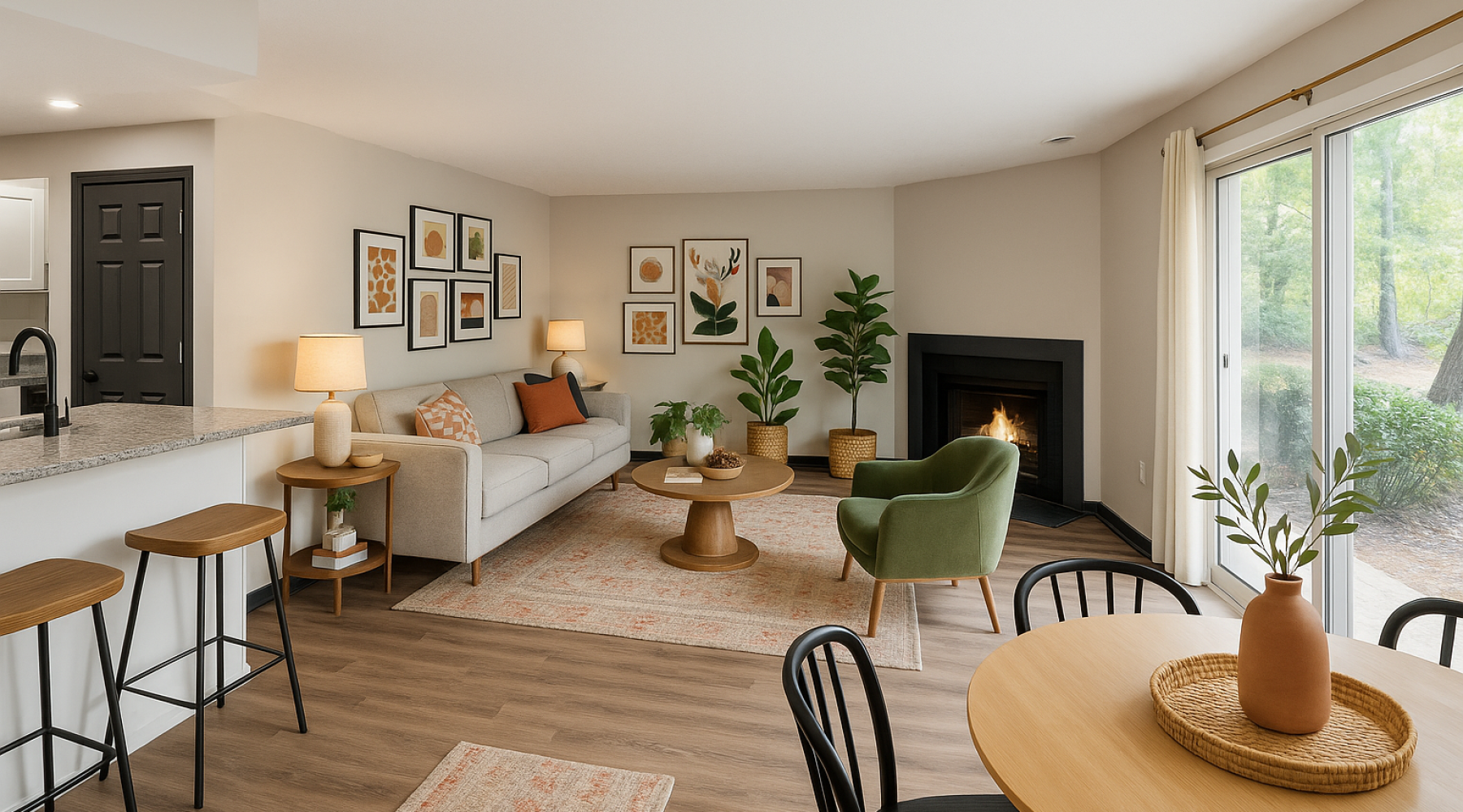 Staged living room, dining area, and kitchen with bar stools