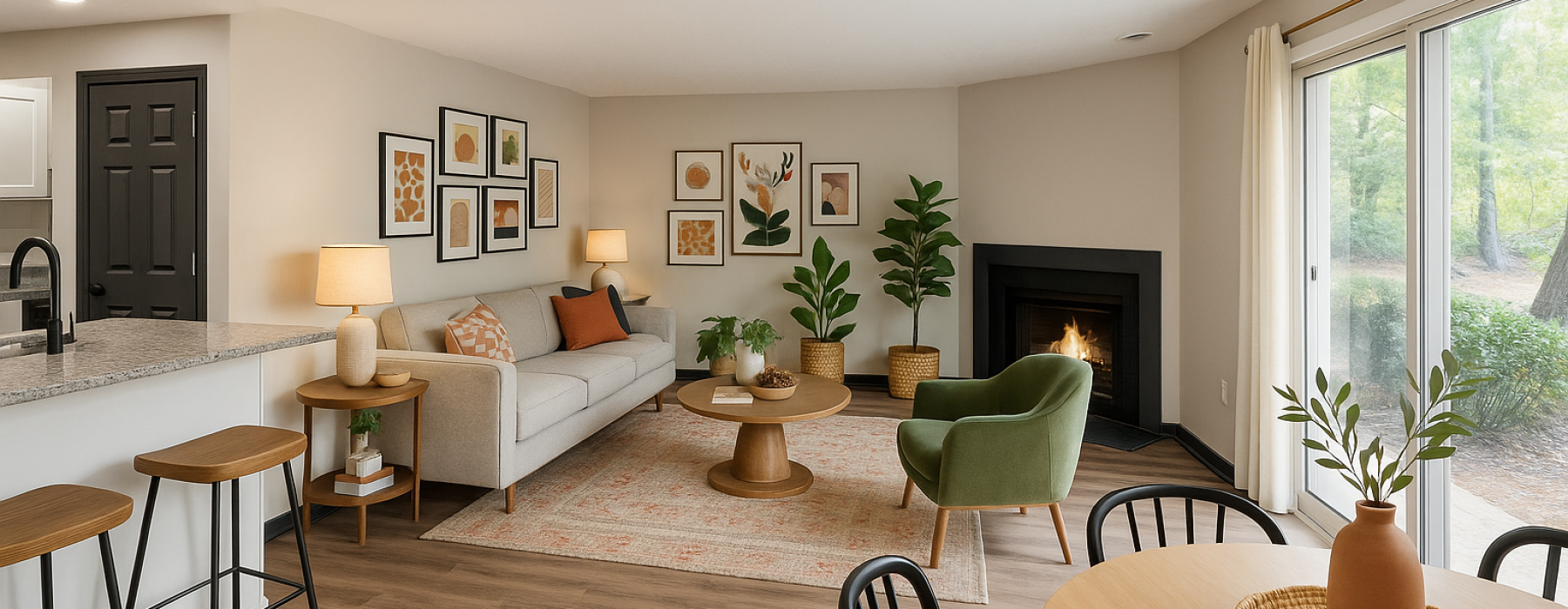 Cozy fireplaces for curling up with a good book Staged living room, dining area, and kitchen with bar stools