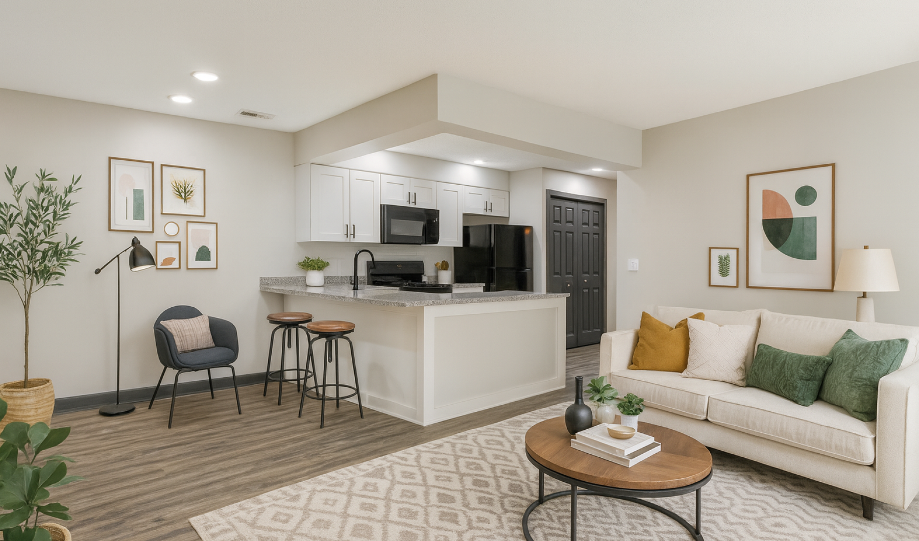 Staged apartment living room with reading nook