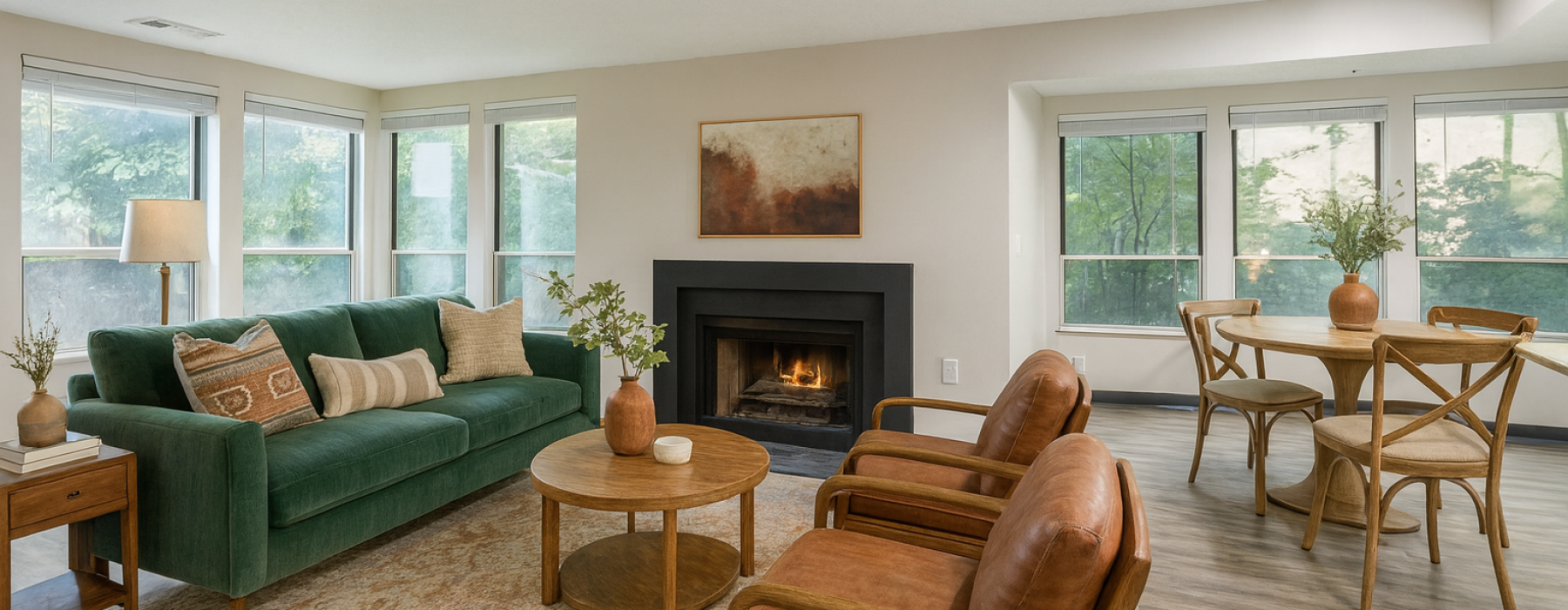 Staged living room with a fireplace
