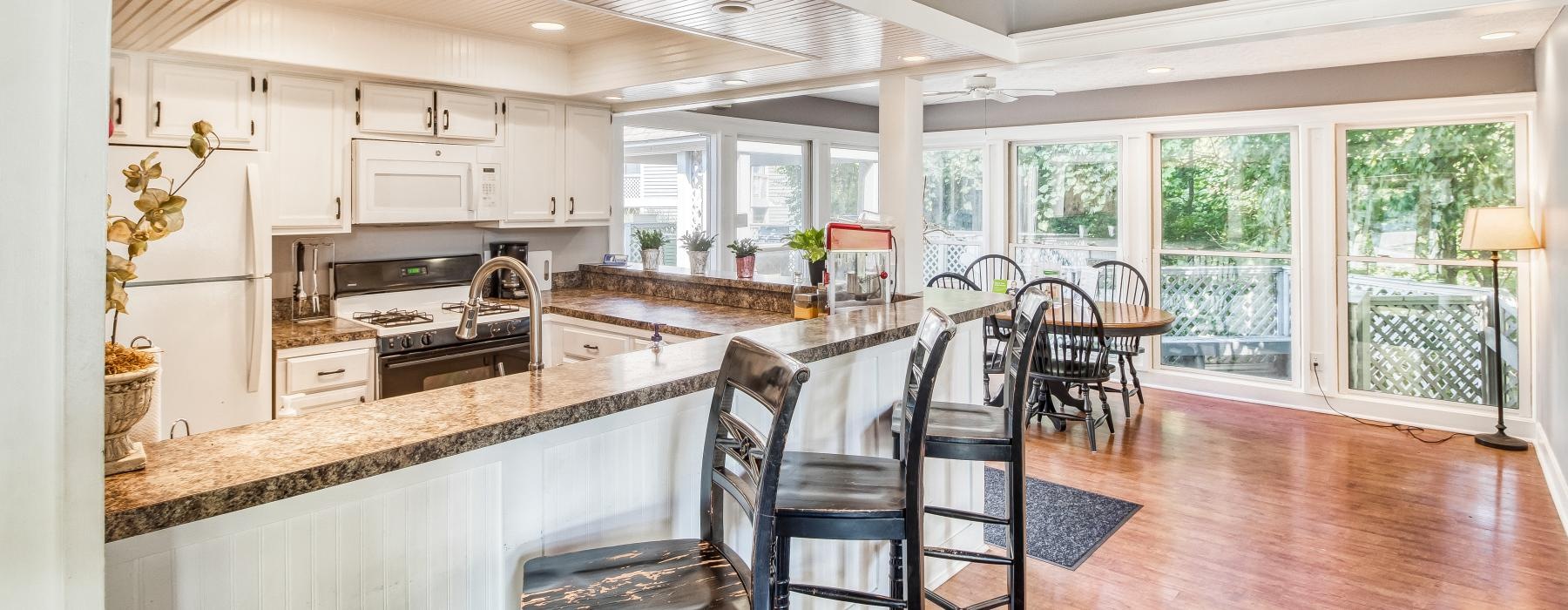 a kitchen with a large island